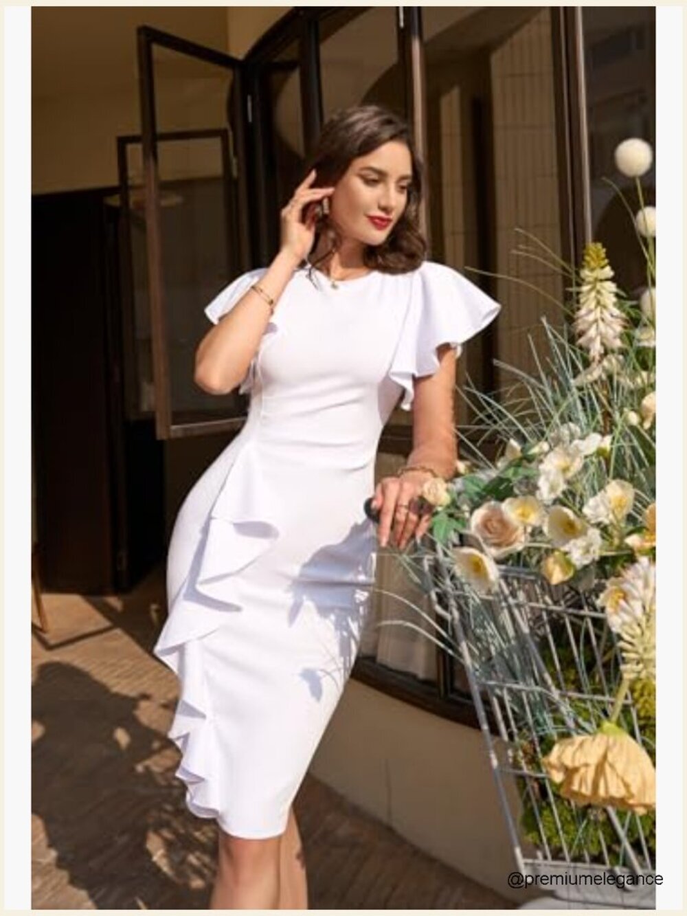 Vintage Church Ruffle Sleeve Ruched Bodycon Work Midi Pencil Dress - Picture 4 of 7